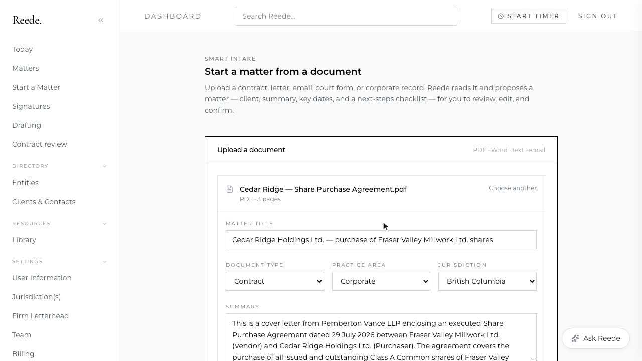 Reede reads an uploaded document and proposes a matter — client, summary, key dates, and a next-steps checklist.